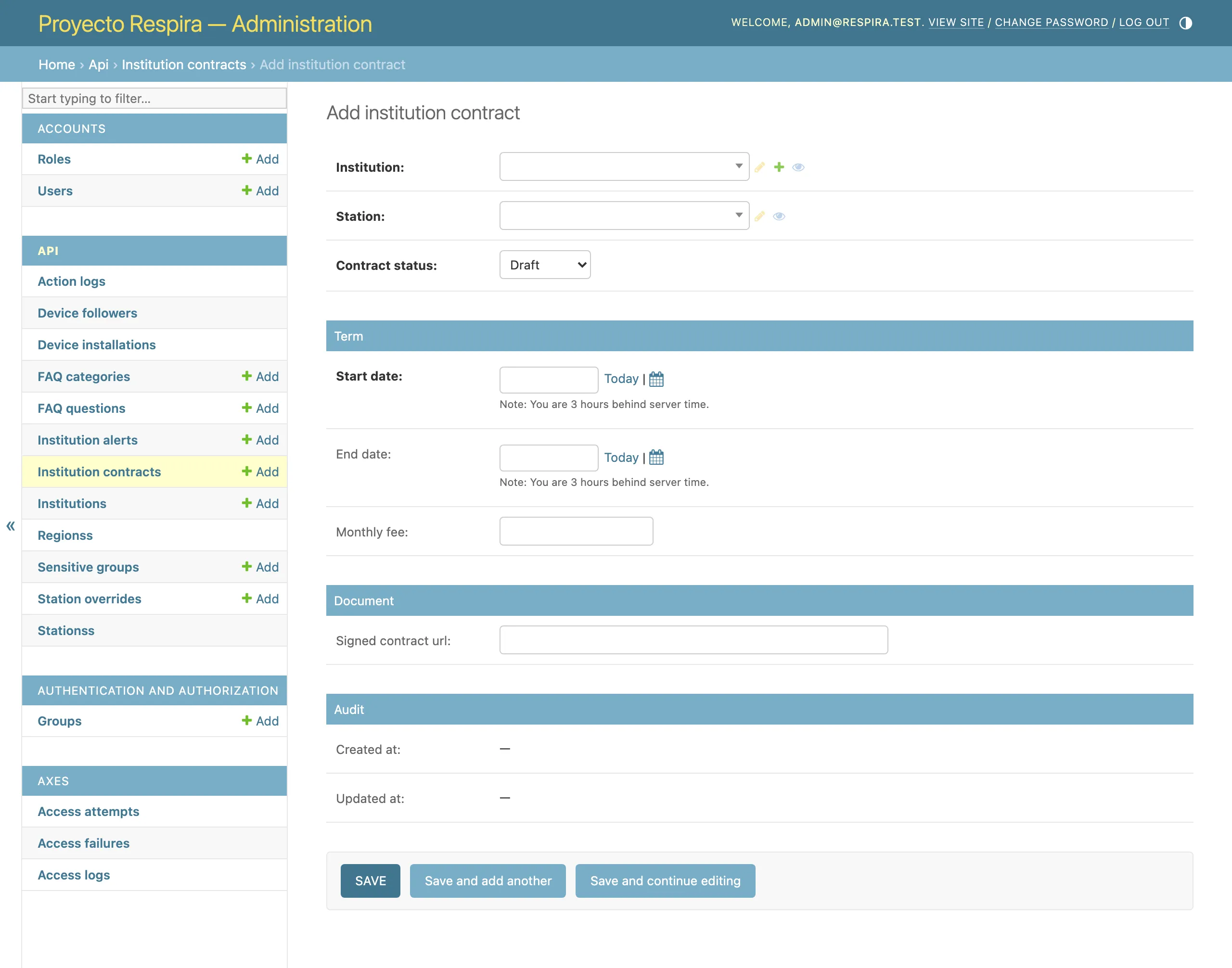 Formulario «Add institution contract» del admin, con los campos Institution y Station como buscadores, el desplegable Contract status con las opciones draft, active, expired y cancelled, las fechas Start date y End date, el campo Monthly fee y el campo Signed contract url.