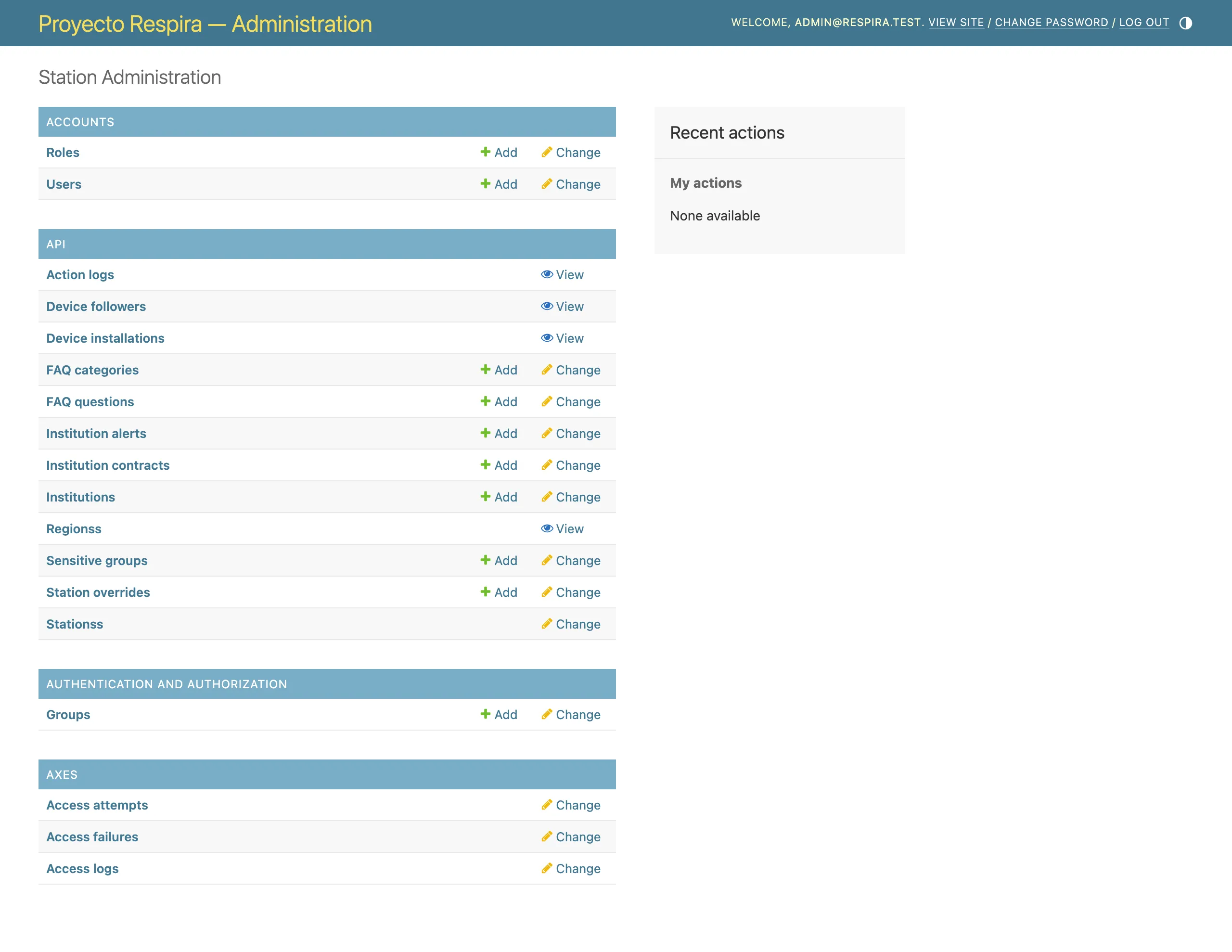 Pantalla principal del admin de Respira. A la izquierda, la lista de secciones agrupadas en Accounts (Roles, Users) y Api (Action logs, Institution alerts, Institution contracts, Institutions, Sensitive groups, Stations, entre otras), cada una con un enlace «Add». Arriba a la derecha, los enlaces para ver el sitio, cambiar la contraseña y cerrar sesión.